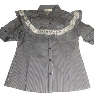 Lace-Trim Striped Button-Front Women’s Top - Black/White